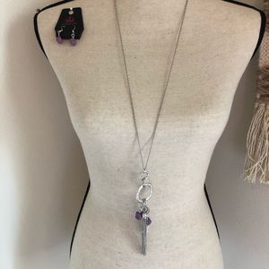 Long silver necklace w/ purple & earring set